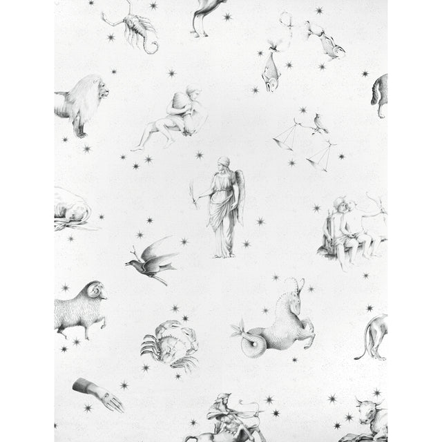 Pilar Panel Set wallpaper in Grisaille by Charlap Hyman & Herrero for Schumacher, featuring astrological symbols in graphite on a mural-like scale.