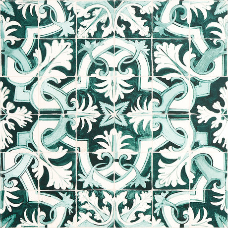 Azulejos wallpaper in Emerald by Mary McDonald for Schumacher, inspired by antique Portuguese tiles, featuring an intricate green and white interlocking pattern.