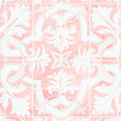 Azulejos Pink wallpaper by Mary McDonald for Schumacher, inspired by antique Portuguese tiles, shown in a kitchen interior and close-up views.