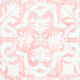 Azulejos Pink wallpaper by Mary McDonald for Schumacher, inspired by antique Portuguese tiles, shown in a kitchen interior and close-up views.