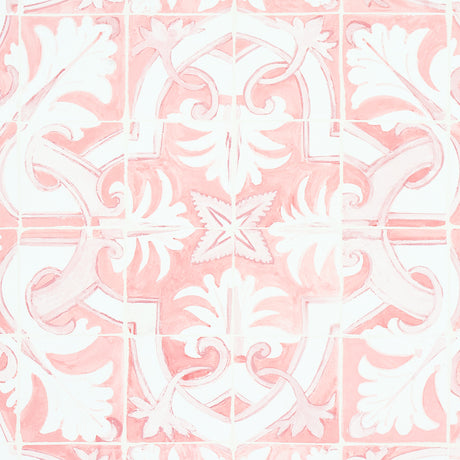 Azulejos Pink wallpaper by Mary McDonald for Schumacher, inspired by antique Portuguese tiles, shown in a kitchen interior and close-up views.