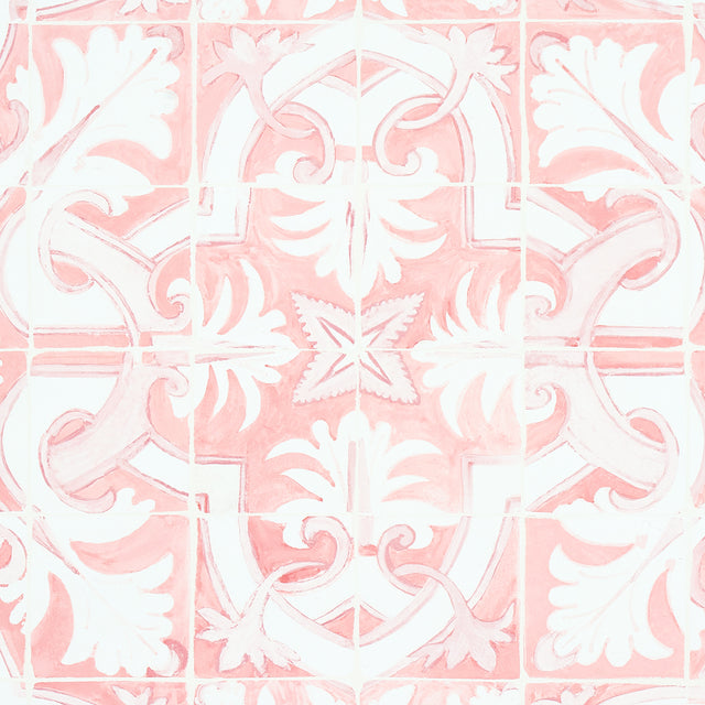 Azulejos Pink wallpaper by Mary McDonald for Schumacher, inspired by antique Portuguese tiles, shown in a kitchen interior and close-up views.