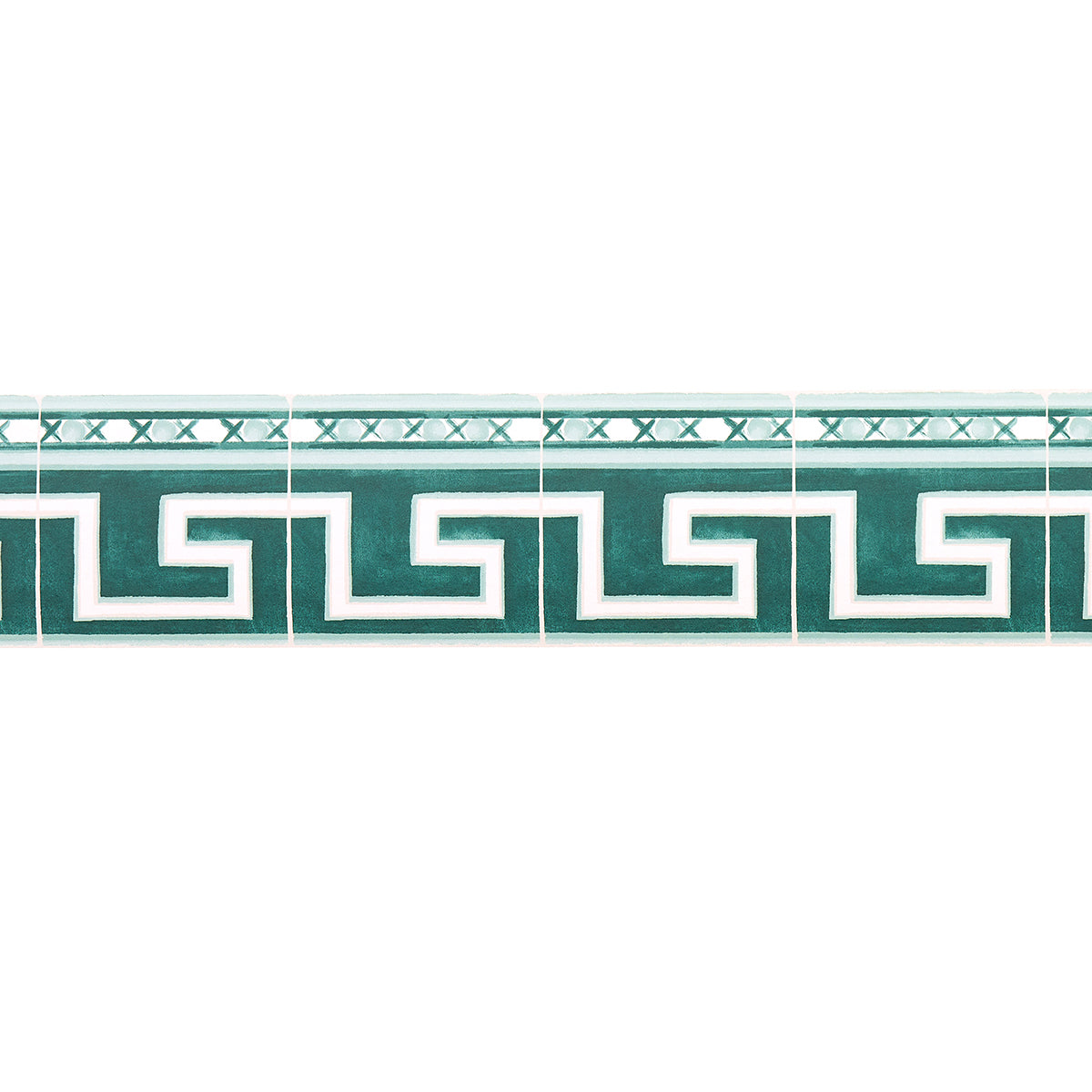 Azulejos Border in Emerald by Mary McDonald for Schumacher, inspired by antique Portuguese tiles with a Greek key motif.