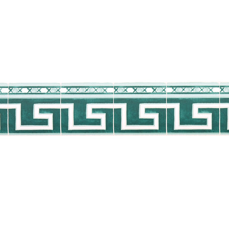 Azulejos Border in Emerald by Mary McDonald for Schumacher, inspired by antique Portuguese tiles with a Greek key motif.