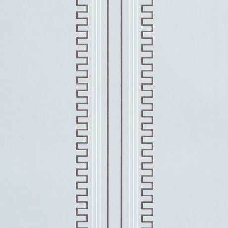 Greco Stripe wallpaper in Sky Bar Old Bak by Schumacher, designed by Mary McDonald, featuring neoclassical dentil stripes in blue and brown.