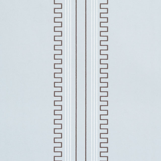 Greco Stripe wallpaper in Sky Bar Old Bak by Schumacher, designed by Mary McDonald, featuring neoclassical dentil stripes in blue and brown.