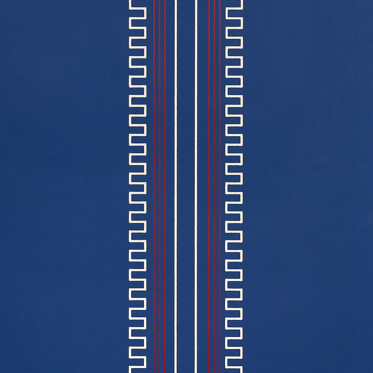 Greco Stripe wallpaper in Navy New Black by Mary McDonald for Schumacher, featuring neoclassical dentil stripes on a blue background.
