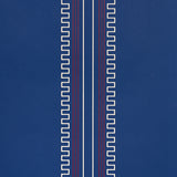 Greco Stripe wallpaper in Navy New Black by Mary McDonald for Schumacher, featuring neoclassical dentil stripes on a blue background.