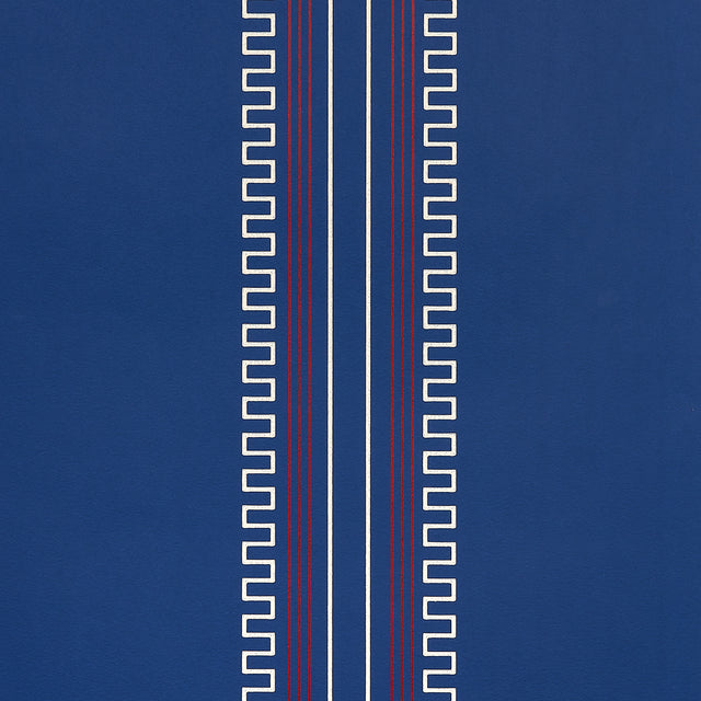 Greco Stripe wallpaper in Navy New Black by Mary McDonald for Schumacher, featuring neoclassical dentil stripes on a blue background.