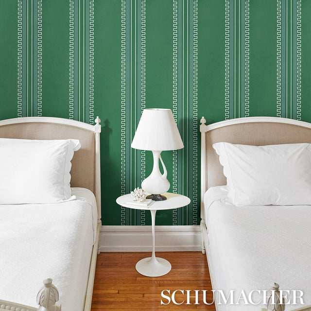 Greco Stripe Green New Black by Mary McDonald Neoclassical Stripe Wallpaper – Schumacher 5015142