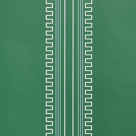 Greco Stripe wallpaper in Green New Black by Mary McDonald for Schumacher, featuring neoclassical dentil stripes on a green background.