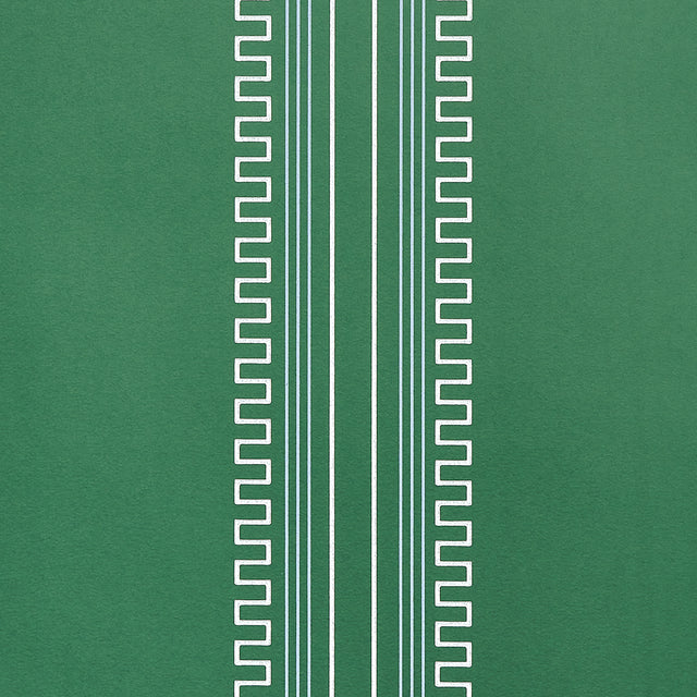Greco Stripe wallpaper in Green New Black by Mary McDonald for Schumacher, featuring neoclassical dentil stripes on a green background.