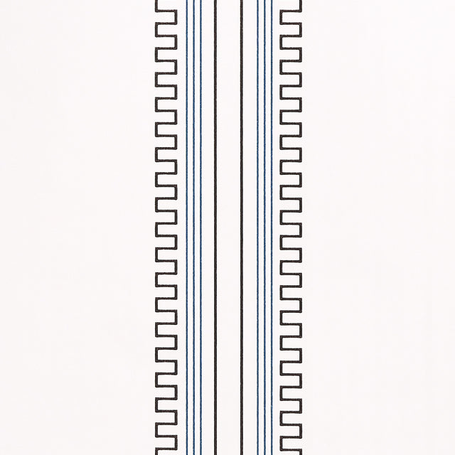 Greco Stripe wallpaper in Ivory New Black by Mary McDonald for Schumacher, featuring neoclassical dentil and stripe motifs.