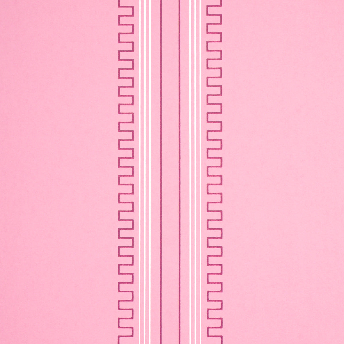 Greco Stripe wallpaper in Pink New Black by Schumacher, designed by Mary McDonald, featuring neoclassical dentil stripes on a pink background.