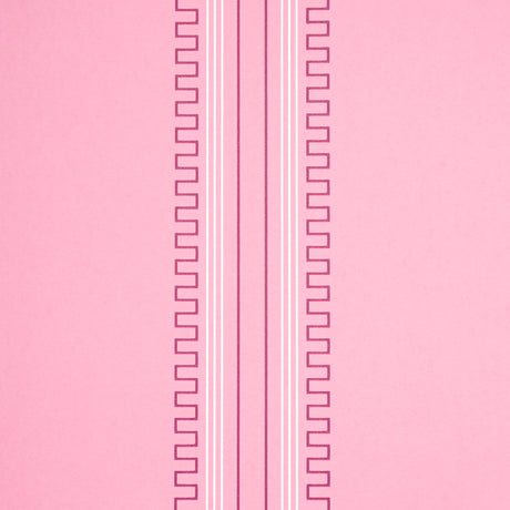 Greco Stripe wallpaper in Pink New Black by Schumacher, designed by Mary McDonald, featuring neoclassical dentil stripes on a pink background.