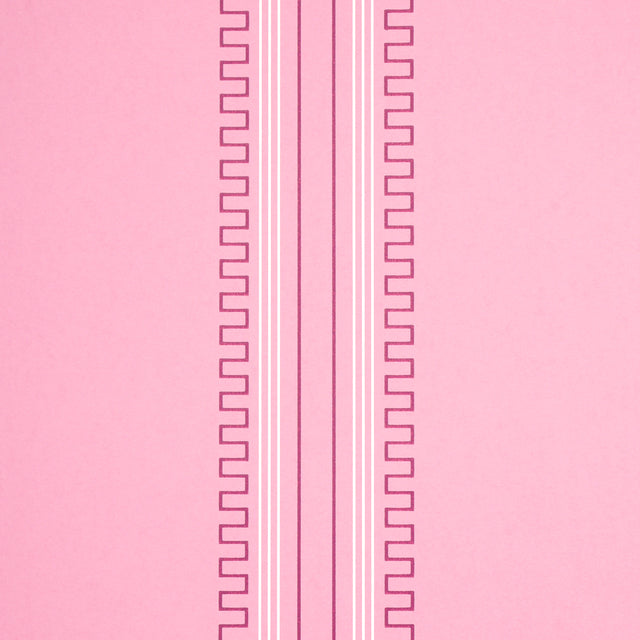 Greco Stripe wallpaper in Pink New Black by Schumacher, designed by Mary McDonald, featuring neoclassical dentil stripes on a pink background.