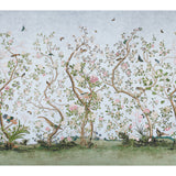 LES OISEAUX PANEL SET in Sky by Mary McDonald for Schumacher. Chinoiserie-style wall mural with birds, flowering peony trees, and a hand-painted look.