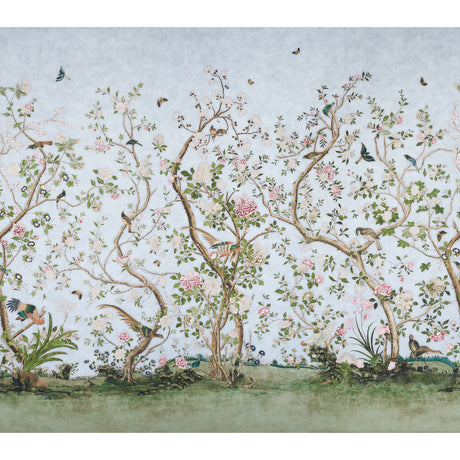 LES OISEAUX PANEL SET in Sky by Mary McDonald for Schumacher. Chinoiserie-style wall mural with birds, flowering peony trees, and a hand-painted look.