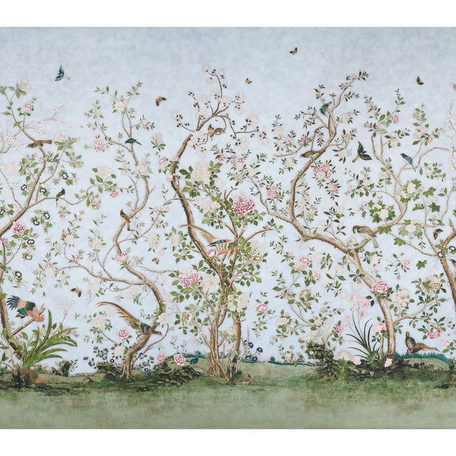 LES OISEAUX PANEL SET in Sky by Mary McDonald for Schumacher. Chinoiserie-style wall mural with birds, flowering peony trees, and a hand-painted look.