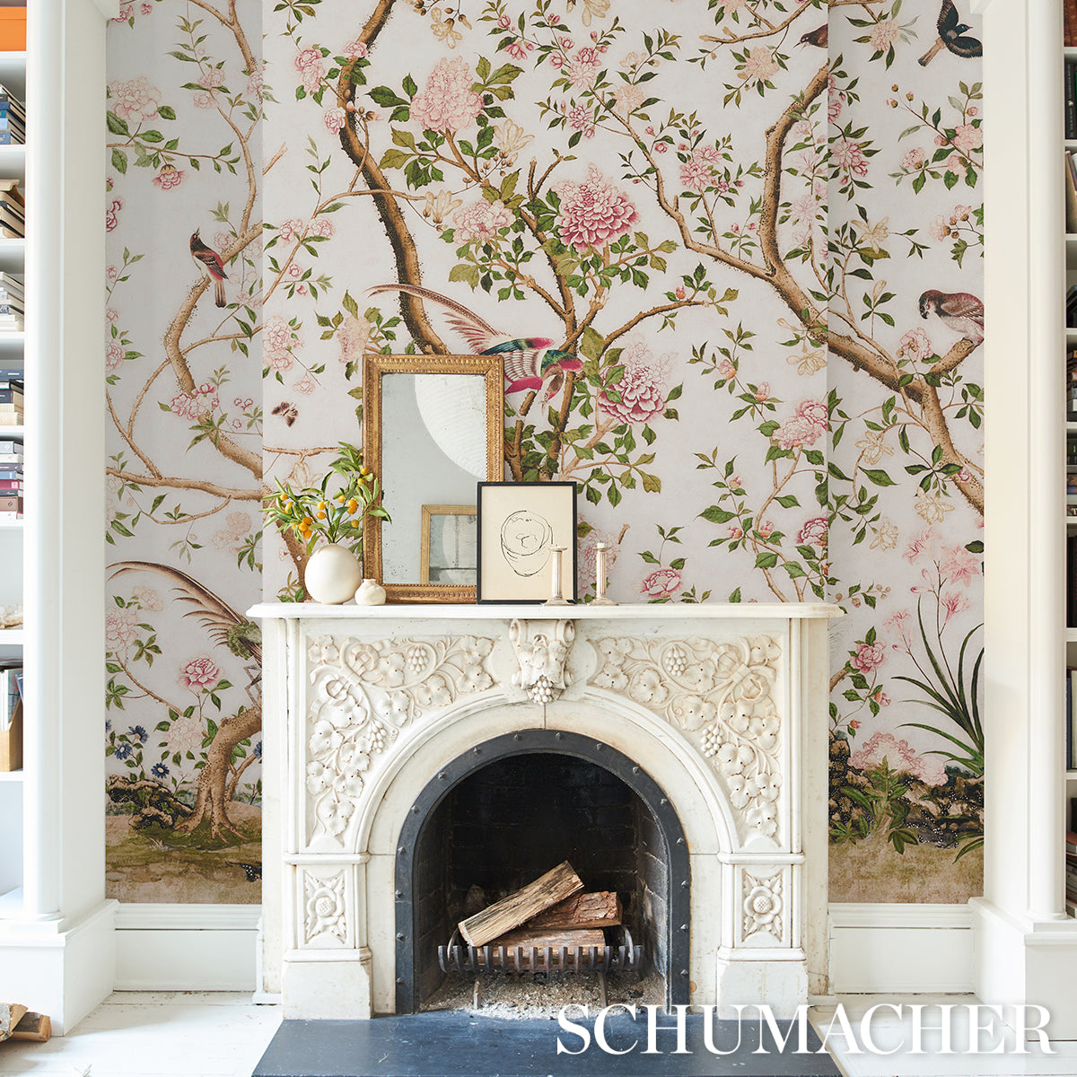 LES OISEAUX PANEL SET Ivory by Mary McDonald Chinoiserie Bird & Floral Wallpaper – Schumacher 5015151