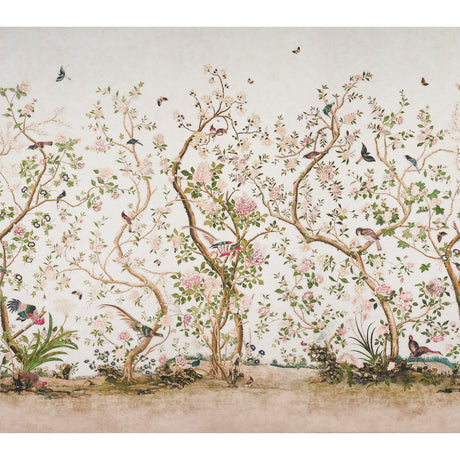 LES OISEAUX PANEL SET wallpaper by Mary McDonald for Schumacher, featuring elegant birds and flowering peony trees in ivory.