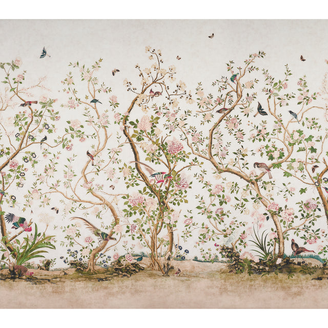 LES OISEAUX PANEL SET wallpaper by Mary McDonald for Schumacher, featuring elegant birds and flowering peony trees in ivory.