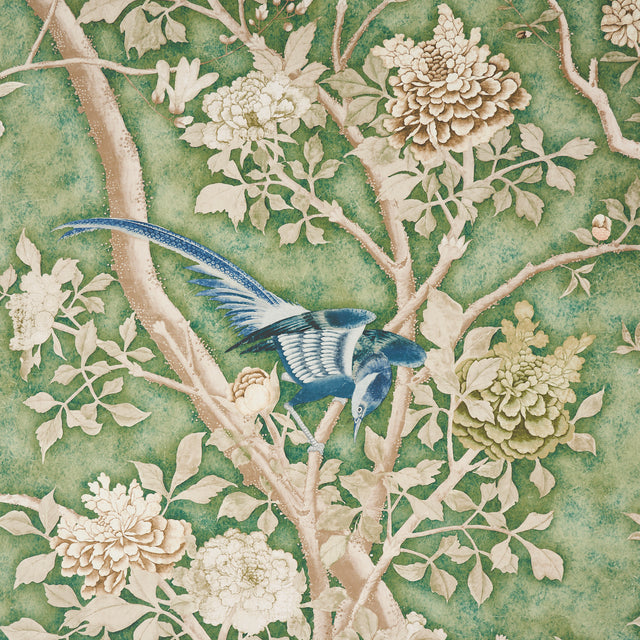 LES OISEAUX PANEL SET Jade by Mary McDonald Scenic Birds and Peony Trees Wallpaper Mural – Schumacher 5015152