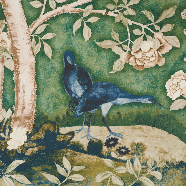 LES OISEAUX PANEL SET Jade by Mary McDonald Scenic Birds and Peony Trees Wallpaper Mural – Schumacher 5015152