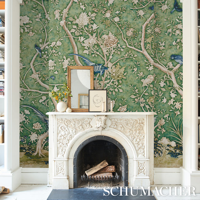 LES OISEAUX PANEL SET Jade by Mary McDonald Scenic Birds and Peony Trees Wallpaper Mural – Schumacher 5015152