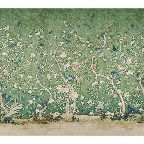 LES OISEAUX PANEL SET in Jade by Mary McDonald for Schumacher. Elegant birds and flowering peony trees on a green background, three-panel wallpaper mural.