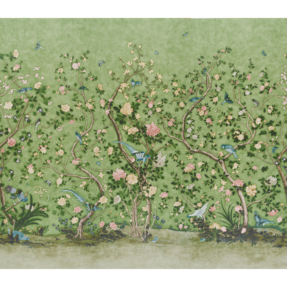 LES OISEAUX PANEL SET wallpaper in apple green with elegant birds and flowering peony trees, designed by Mary McDonald for Schumacher.