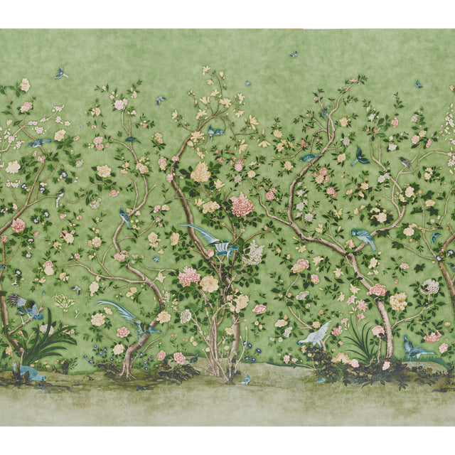 LES OISEAUX PANEL SET wallpaper in apple green with elegant birds and flowering peony trees, designed by Mary McDonald for Schumacher.