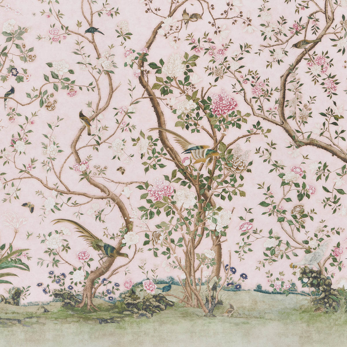 LES OISEAUX PANEL SET Blush by Schumacher Elegant Birds & Peony Trees Wallpaper – Schumacher 5015154