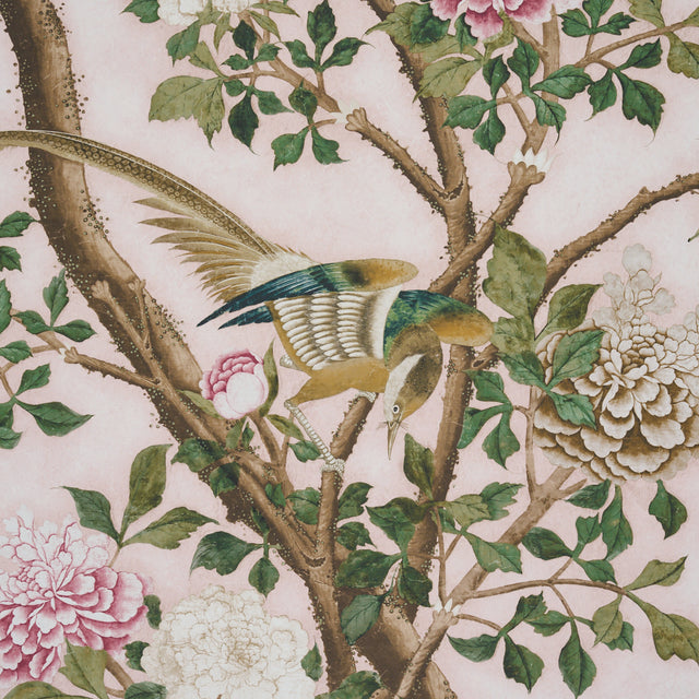 LES OISEAUX PANEL SET Blush by Schumacher Elegant Birds & Peony Trees Wallpaper – Schumacher 5015154