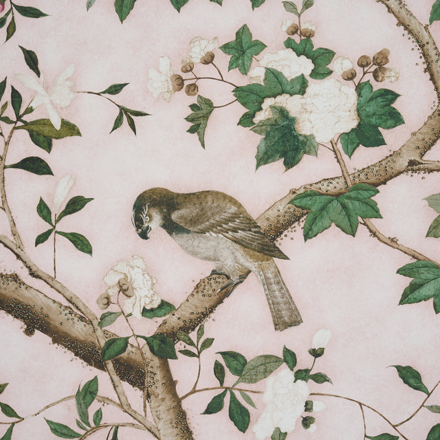LES OISEAUX PANEL SET Blush by Schumacher Elegant Birds & Peony Trees Wallpaper – Schumacher 5015154