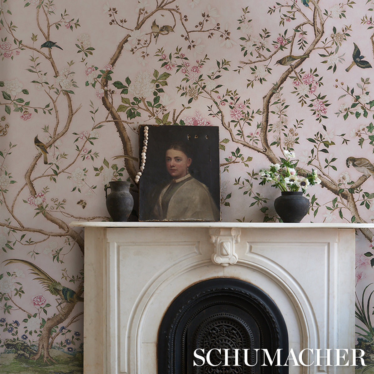 LES OISEAUX PANEL SET Blush by Schumacher Elegant Birds & Peony Trees Wallpaper – Schumacher 5015154