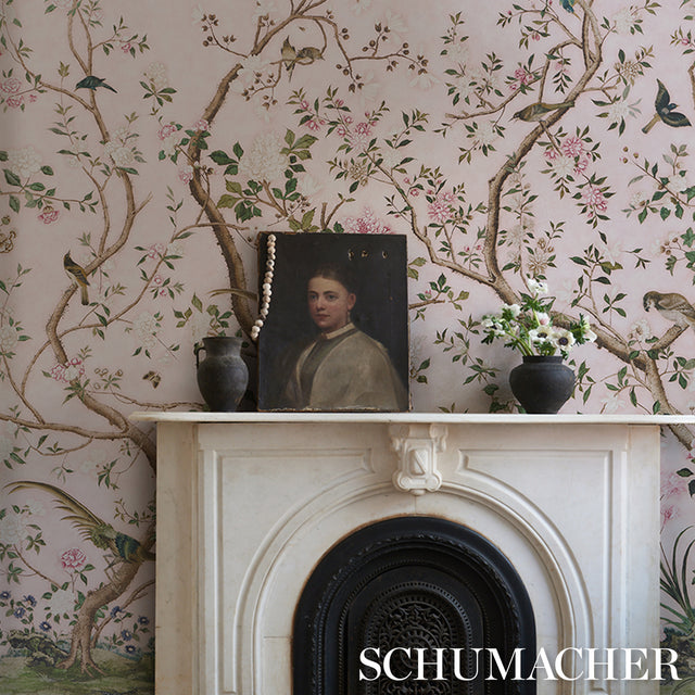 LES OISEAUX PANEL SET Blush by Schumacher Elegant Birds & Peony Trees Wallpaper – Schumacher 5015154