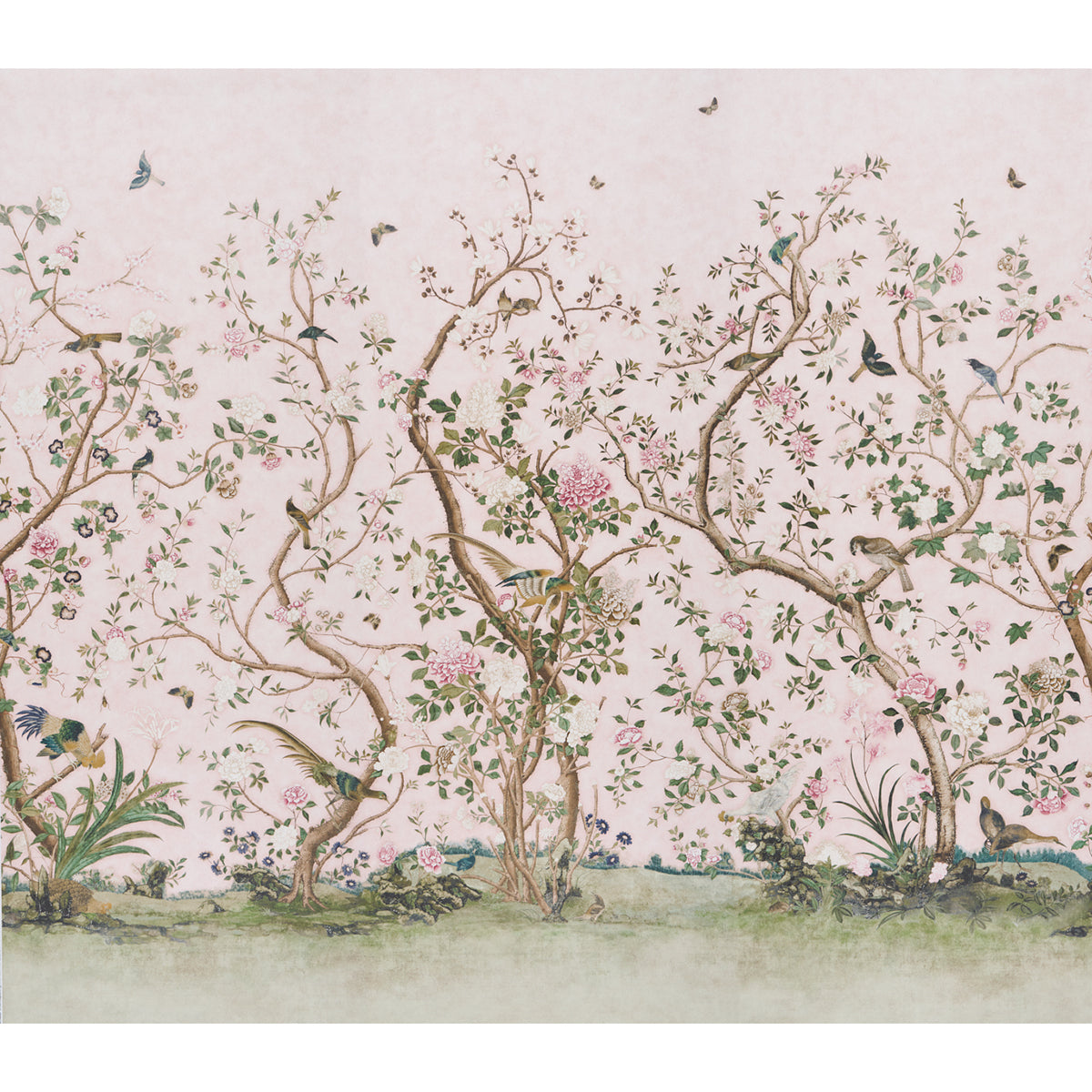 LES OISEAUX PANEL SET in blush by Schumacher, a scenic wallpaper panel featuring elegant birds and flowering peony trees on a soft pink background.