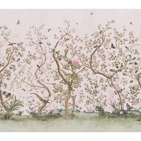 LES OISEAUX PANEL SET in blush by Schumacher, a scenic wallpaper panel featuring elegant birds and flowering peony trees on a soft pink background.