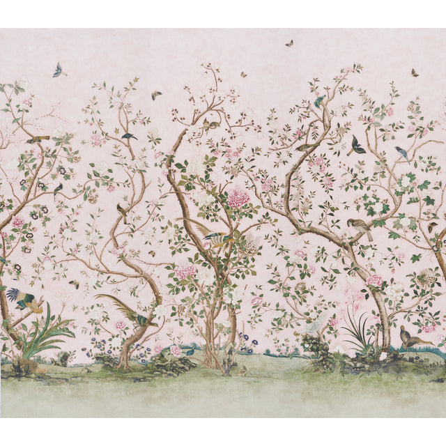 LES OISEAUX PANEL SET in blush by Schumacher, a scenic wallpaper panel featuring elegant birds and flowering peony trees on a soft pink background.