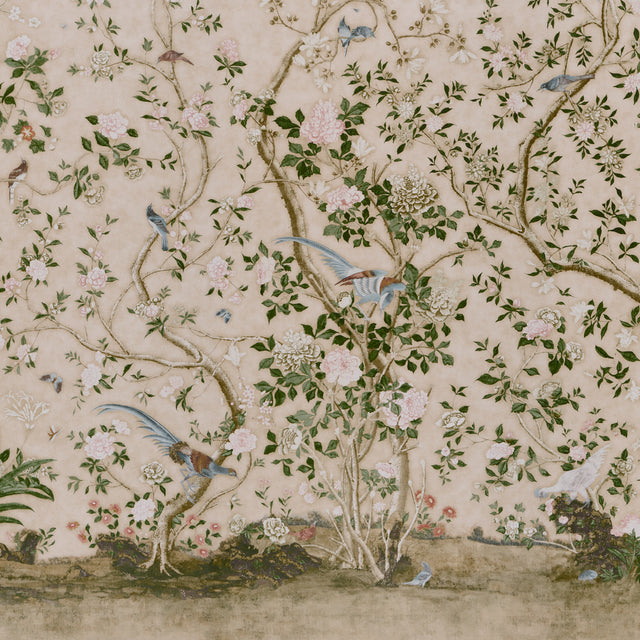LES OISEAUX PANEL SET Parchment by Schumacher Elegant Birds & Peony Trees Wallpaper – Schumacher 5015155