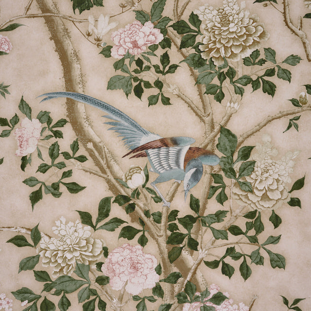 LES OISEAUX PANEL SET Parchment by Schumacher Elegant Birds & Peony Trees Wallpaper – Schumacher 5015155