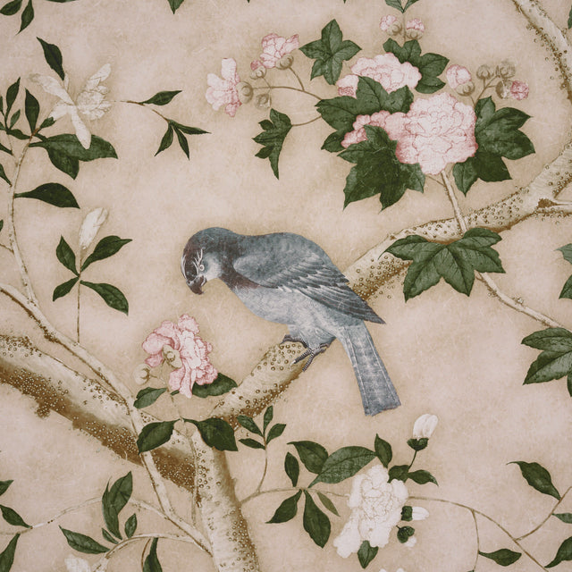 LES OISEAUX PANEL SET Parchment by Schumacher Elegant Birds & Peony Trees Wallpaper – Schumacher 5015155