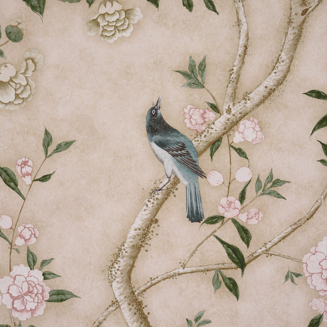 LES OISEAUX PANEL SET Parchment by Schumacher Elegant Birds & Peony Trees Wallpaper – Schumacher 5015155