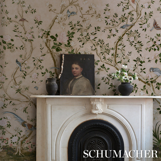 LES OISEAUX PANEL SET Parchment by Schumacher Elegant Birds & Peony Trees Wallpaper – Schumacher 5015155