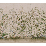 LES OISEAUX PANEL SET wallpaper by Schumacher, featuring elegant birds and flowering peony trees in a parchment colorway, designed by Mary McDonald.