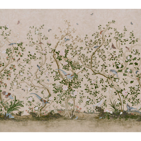 LES OISEAUX PANEL SET wallpaper by Schumacher, featuring elegant birds and flowering peony trees in a parchment colorway, designed by Mary McDonald.