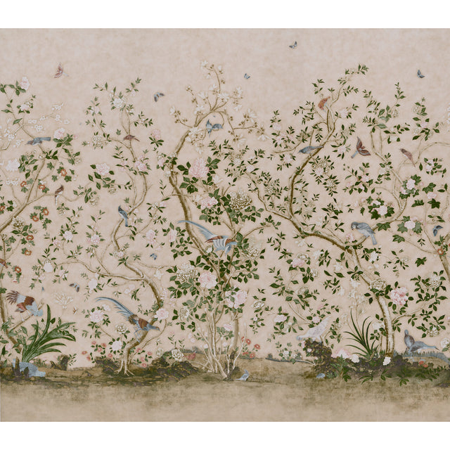 LES OISEAUX PANEL SET wallpaper by Schumacher, featuring elegant birds and flowering peony trees in a parchment colorway, designed by Mary McDonald.