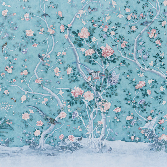 LES OISEAUX PANEL SET Blue Turquoise by Schumacher Birds & Peony Trees Wallpaper – Schumacher 5015156