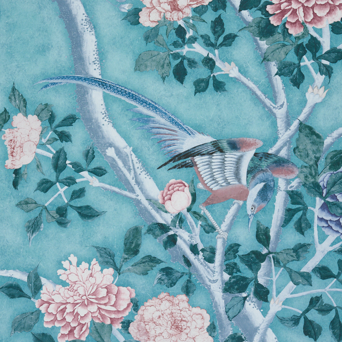 LES OISEAUX PANEL SET Blue Turquoise by Schumacher Birds & Peony Trees Wallpaper – Schumacher 5015156